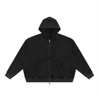 Unisex Vintage Wash Boxy Waffle Full Zip Hoodie in black
