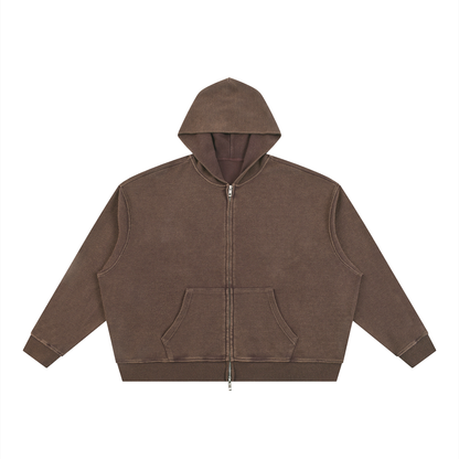 Unisex Vintage Wash Boxy Waffle Full Zip Hoodie in brown