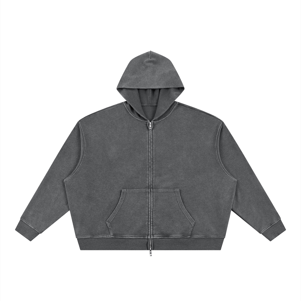 Unisex Vintage Wash Boxy Waffle Full Zip Hoodie in dark gray