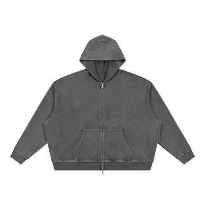 Unisex Vintage Wash Boxy Waffle Full Zip Hoodie in dark gray