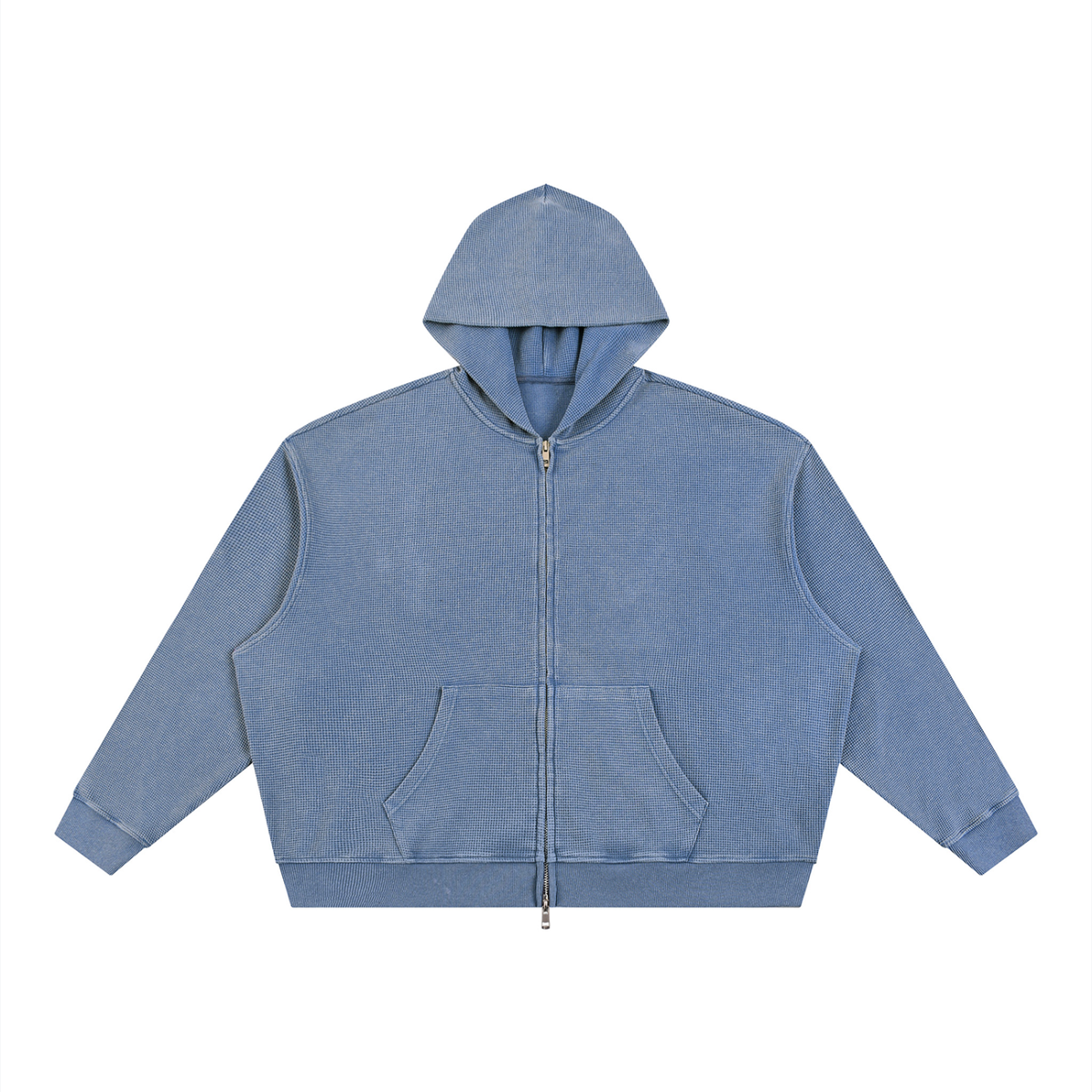 Unisex Vintage Wash Boxy Waffle Full Zip Hoodie in jeans blue