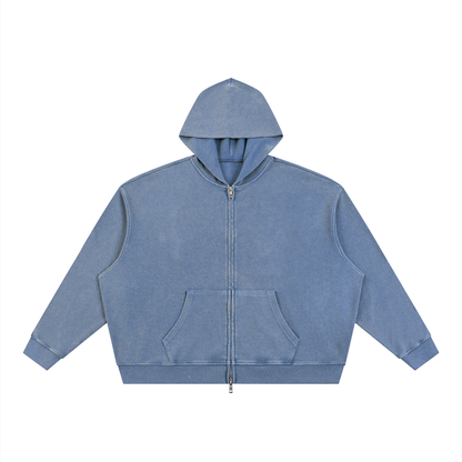 Unisex Vintage Wash Boxy Waffle Full Zip Hoodie in jeans blue