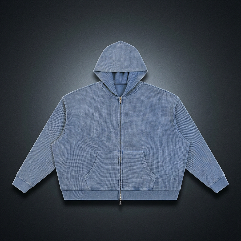 Unisex Vintage Wash Boxy Waffle Full Zip Hoodie – Oversized Thick Stretch Cotton Blend Zip-Up