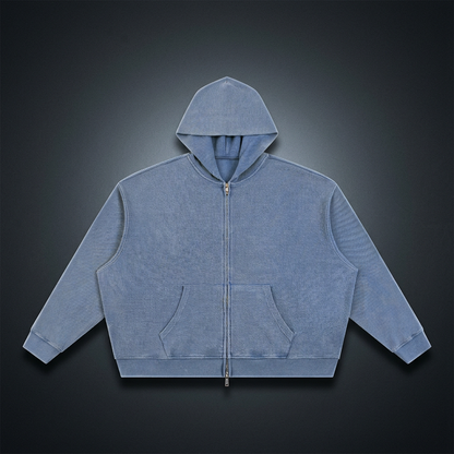 Unisex Vintage Wash Boxy Waffle Full Zip Hoodie – Oversized Thick Stretch Cotton Blend Zip-Up