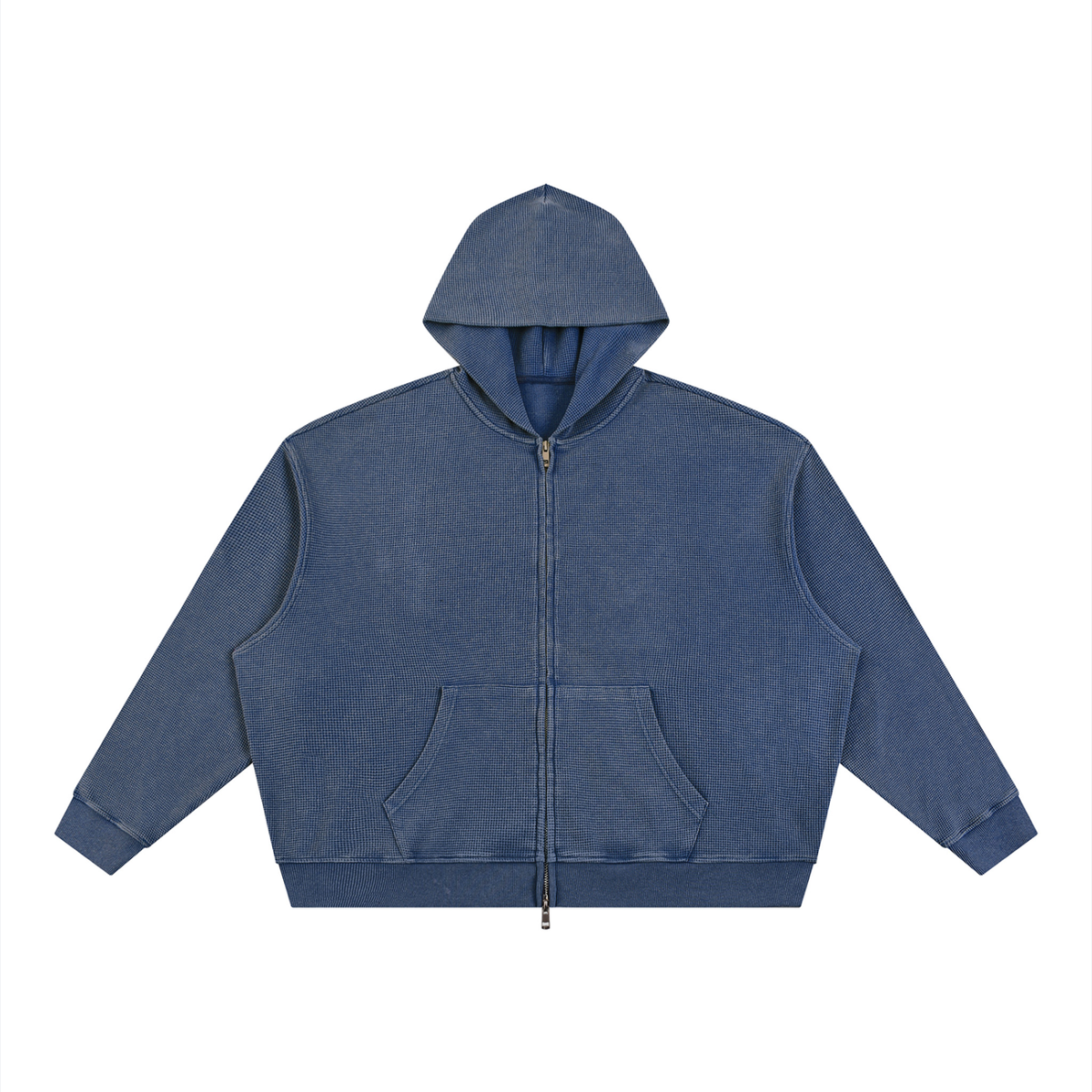 Unisex Vintage Wash Boxy Waffle Full Zip Hoodie in navy blue