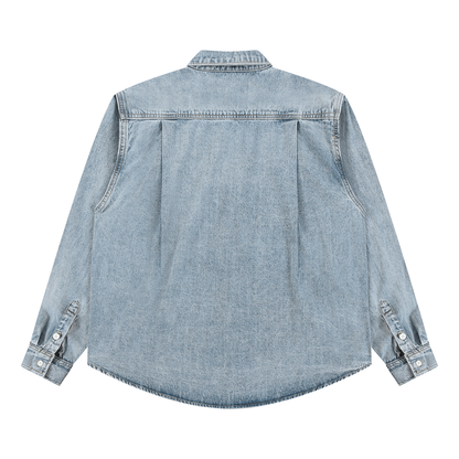 Unisex Vintage Wash Denim Shirt in blue, alternate angle