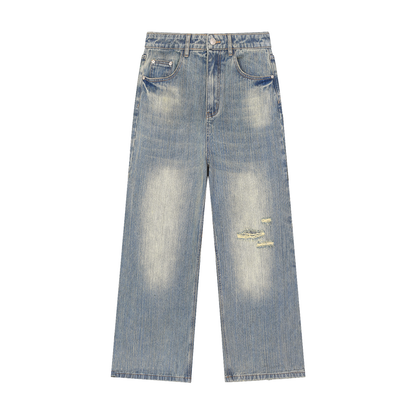 Unisex Vintage Wash Distressed Denim Jeans in blue