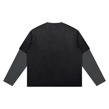 Unisex Vintage Wash Distressed Layer T-Shirt in black with gray, alternate angle