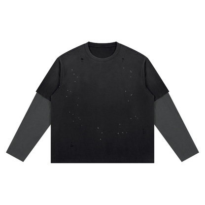 Unisex Vintage Wash Distressed Layer T-Shirt in black with gray