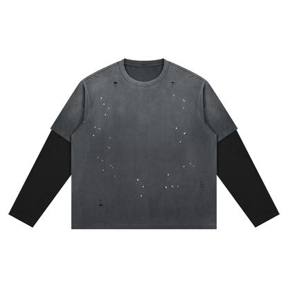 Unisex Vintage Wash Distressed Layer T-Shirt in dark gray with black