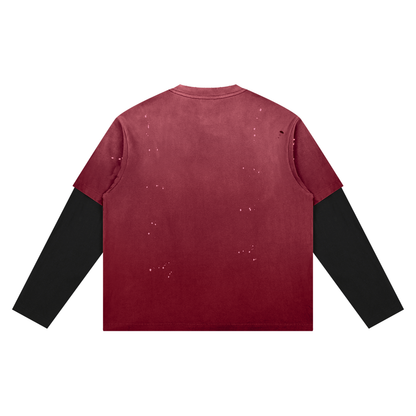 Unisex Vintage Wash Distressed Layer T-Shirt in dark red with black, alternate angle
