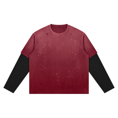 Unisex Vintage Wash Distressed Layer T-Shirt in dark red with black