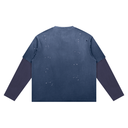 Unisex Vintage Wash Distressed Layer T-Shirt in jeans blue with purple, alternate angle