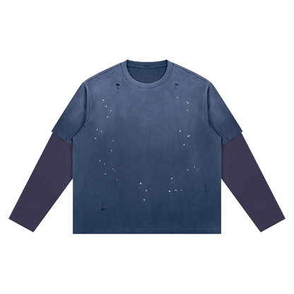 Unisex Vintage Wash Distressed Layer T-Shirt in jeans blue with purple