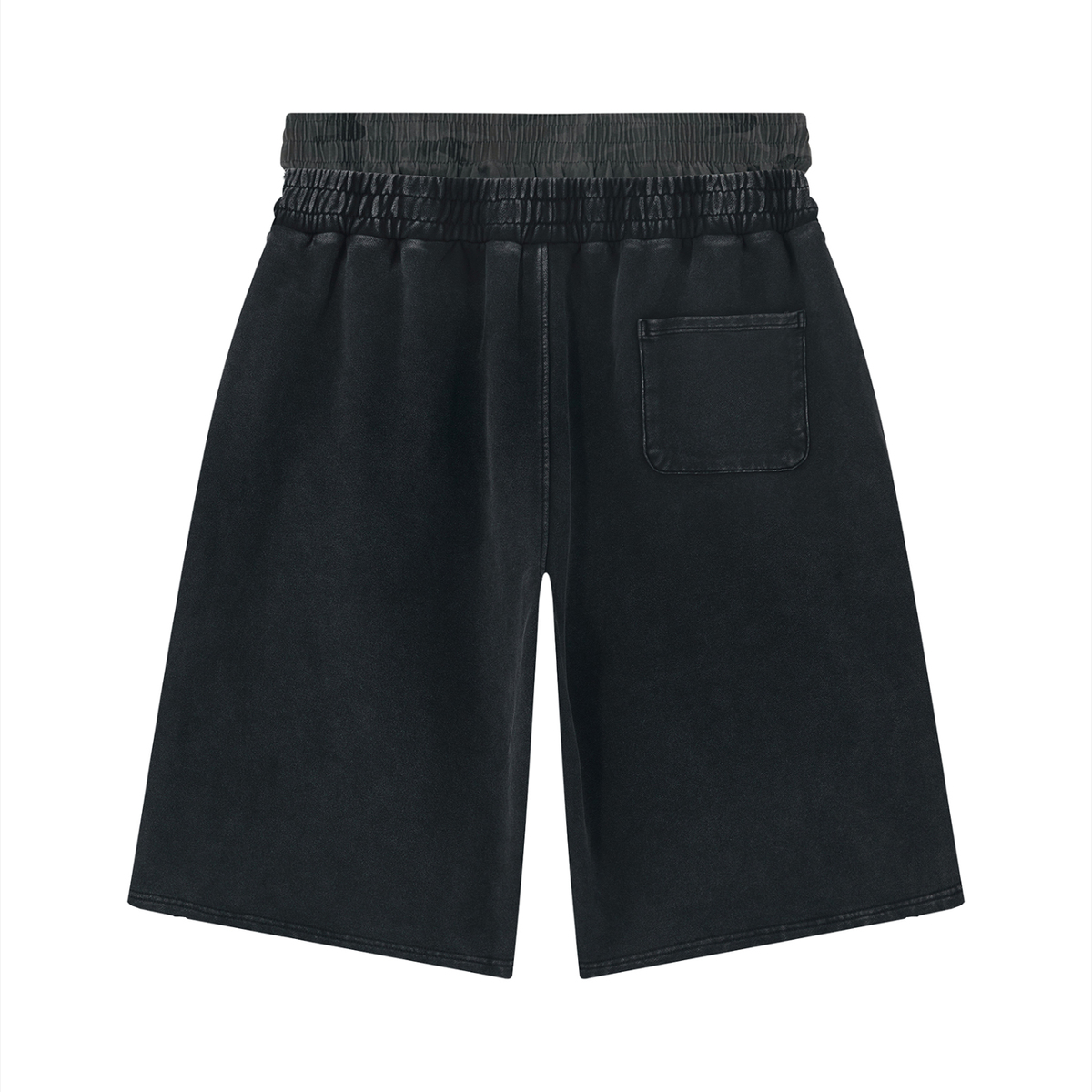 Unisex Vintage Wash Distressed Wide Leg Shorts in gray camo with black, alternate angle