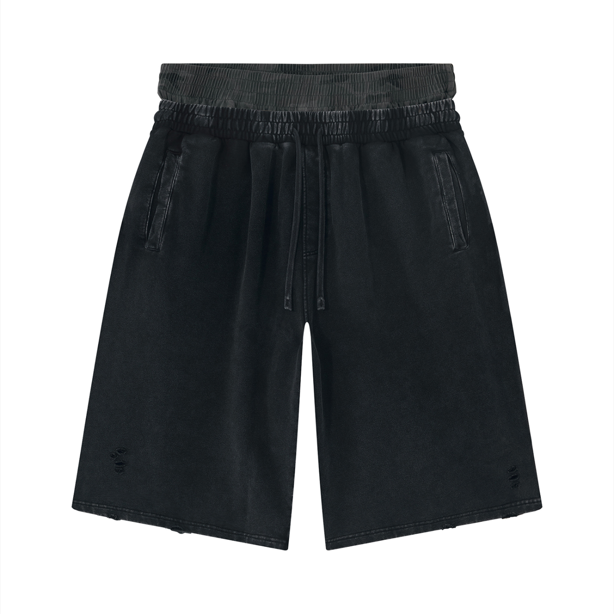 Unisex Vintage Wash Distressed Wide Leg Shorts in gray camo with black