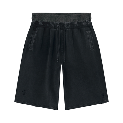 Unisex Vintage Wash Distressed Wide Leg Shorts in gray camo with black