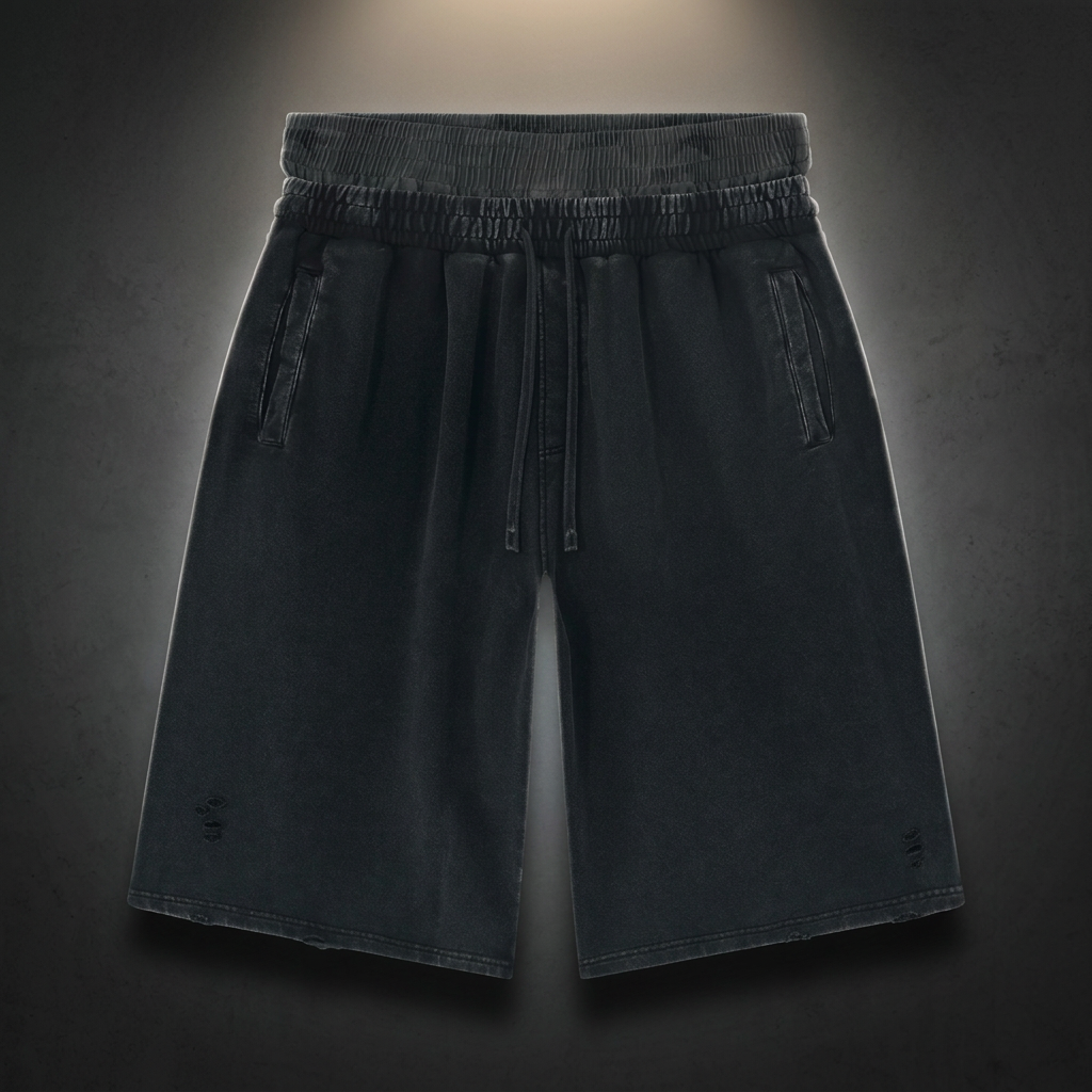 Unisex Vintage Wash Distressed Wide Leg Shorts – Loose Fit Cotton