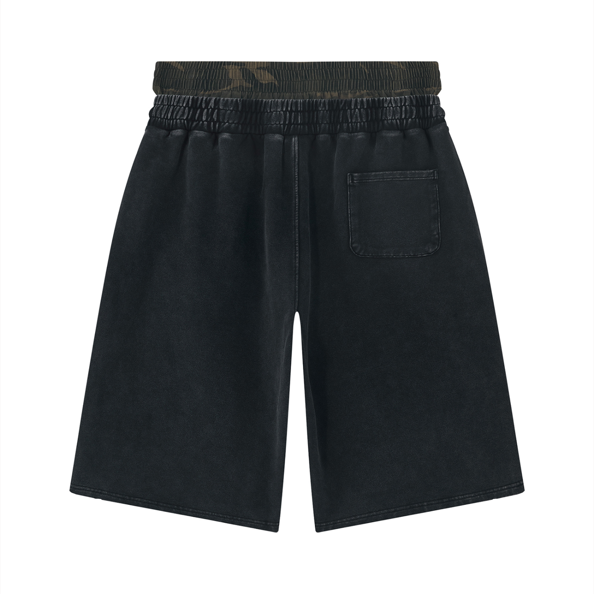 Unisex Vintage Wash Distressed Wide Leg Shorts in khaki camo with black, alternate angle