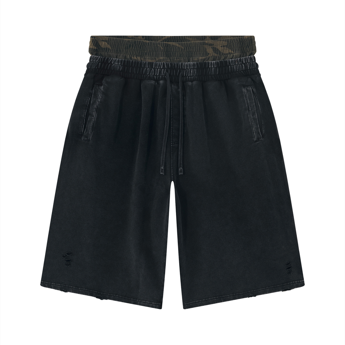 Unisex Vintage Wash Distressed Wide Leg Shorts in khaki camo with black