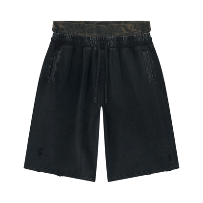 Unisex Vintage Wash Distressed Wide Leg Shorts in khaki camo with black