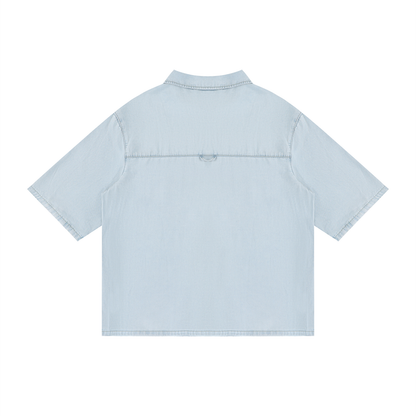 Unisex Vintage Wash Drop Shoulder Lyocell Shirt in light blue, alternate angle