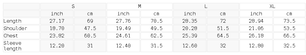 Size chart for the Unisex Vintage Wash Drop Shoulder Lyocell Shirt