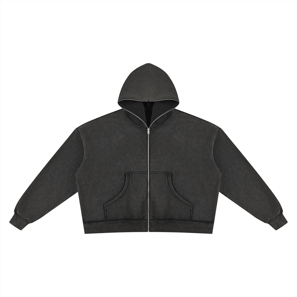 Unisex Vintage Wash Fleece Boxy Full Zip Hoodie in black