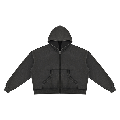 Unisex Vintage Wash Fleece Boxy Full Zip Hoodie in black