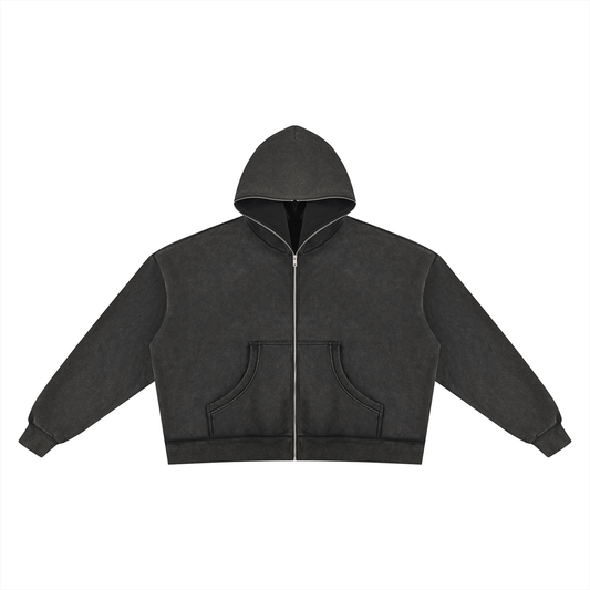 Unisex Vintage Wash Fleece Boxy Full Zip Hoodie in black