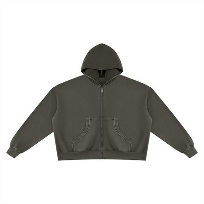 Unisex Vintage Wash Fleece Boxy Full Zip Hoodie in dark gray