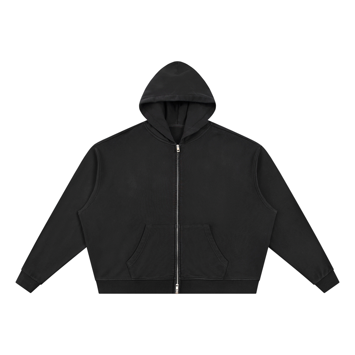 Unisex Vintage Wash Full Zip Boxy Hoodie in black