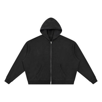 Unisex Vintage Wash Full Zip Boxy Hoodie in black