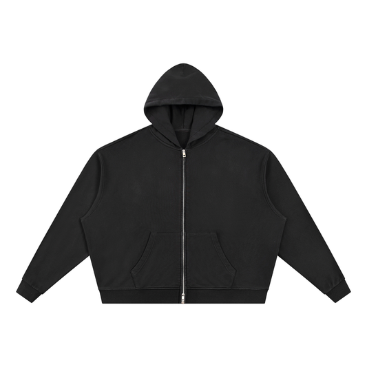 Unisex Vintage Wash Full Zip Boxy Hoodie in black