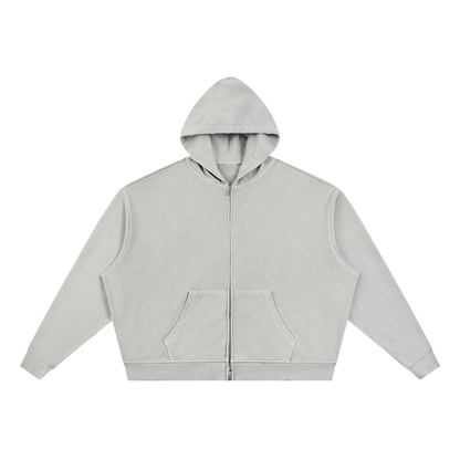 Unisex Vintage Wash Full Zip Boxy Hoodie in light gray