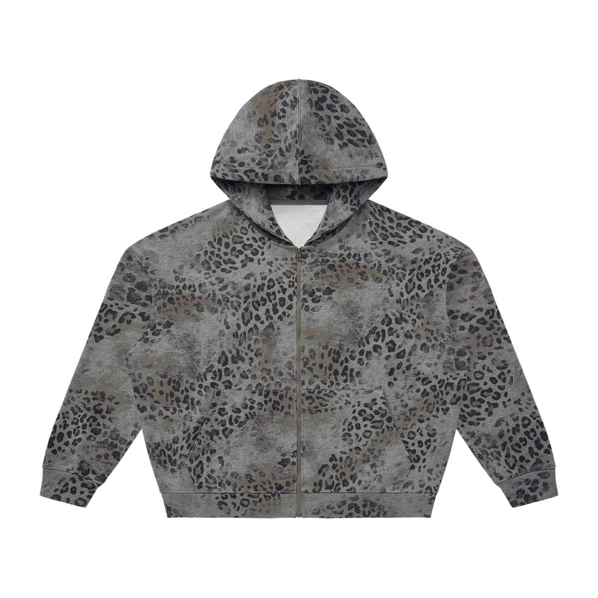 Unisex Vintage Wash Leopard Full Zip Hoodie in leopard dark gray