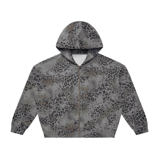 Unisex Vintage Wash Leopard Full Zip Hoodie in leopard dark gray