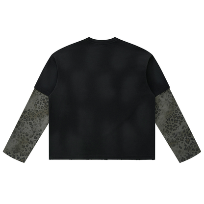 Unisex Vintage Wash Leopard Paneled Layer T-Shirt in black with leopard gray, alternate angle