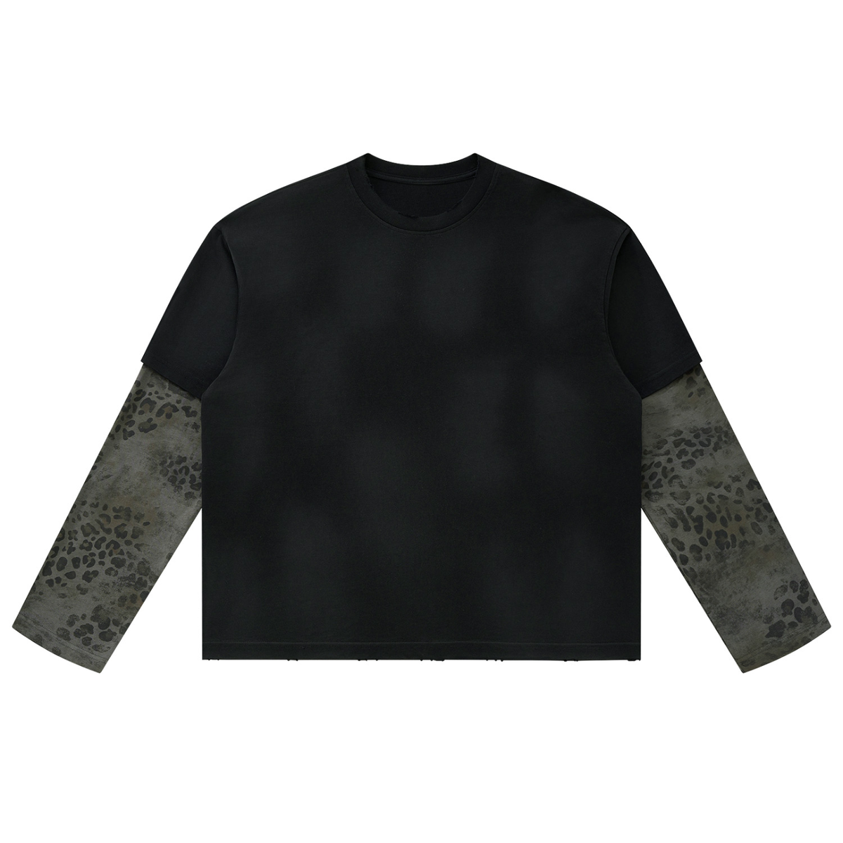 Unisex Vintage Wash Leopard Paneled Layer T-Shirt in black with leopard gray