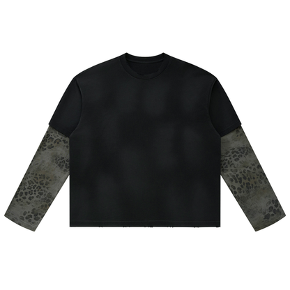 Unisex Vintage Wash Leopard Paneled Layer T-Shirt in black with leopard gray