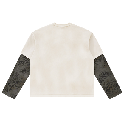 Unisex Vintage Wash Leopard Paneled Layer T-Shirt in white with leopard gray, alternate angle