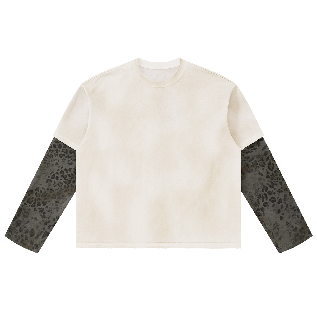 Unisex Vintage Wash Leopard Paneled Layer T-Shirt in white with leopard gray
