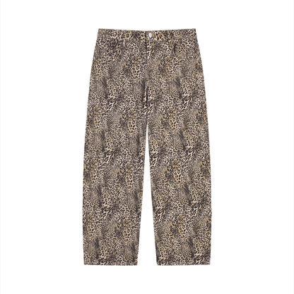 Unisex Vintage Wash Leopard Wide Leg Jeans in leopard brown