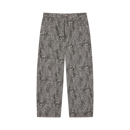 Unisex Vintage Wash Leopard Wide Leg Jeans in leopard gray