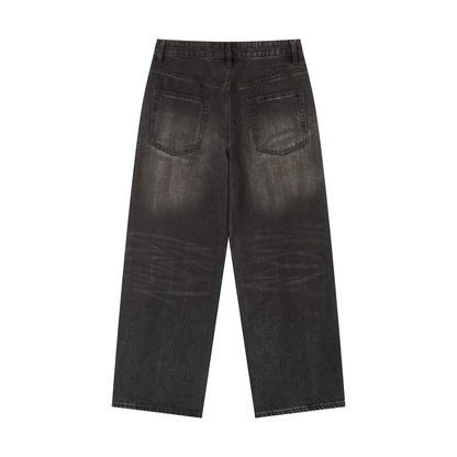 Unisex Vintage Wash Loose Fit Denim Jeans in black, alternate angle