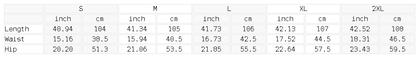 Size chart for the Unisex Vintage Wash Loose Fit Denim Jeans