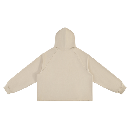Unisex Vintage Wash Raw Edge Boxy Hoodie in khaki, alternate angle