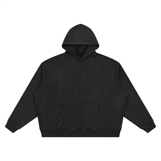 Unisex Vintage Wash Waffle Boxy Hoodie in black