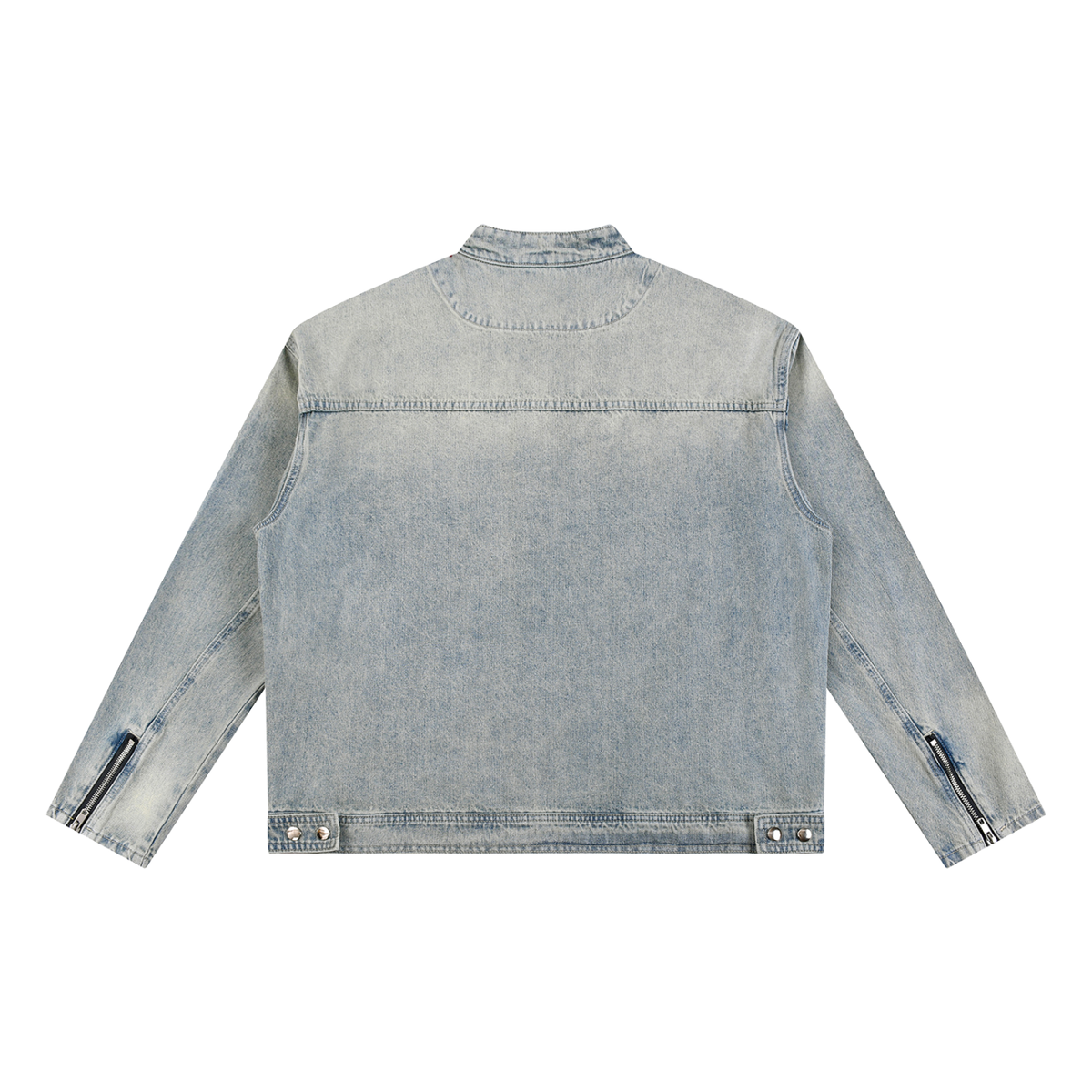 Unisex Vintage Wash Zip Denim Jacket in blue, alternate angle