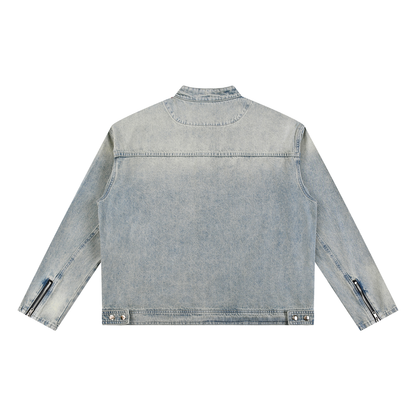 Unisex Vintage Wash Zip Denim Jacket in blue, alternate angle